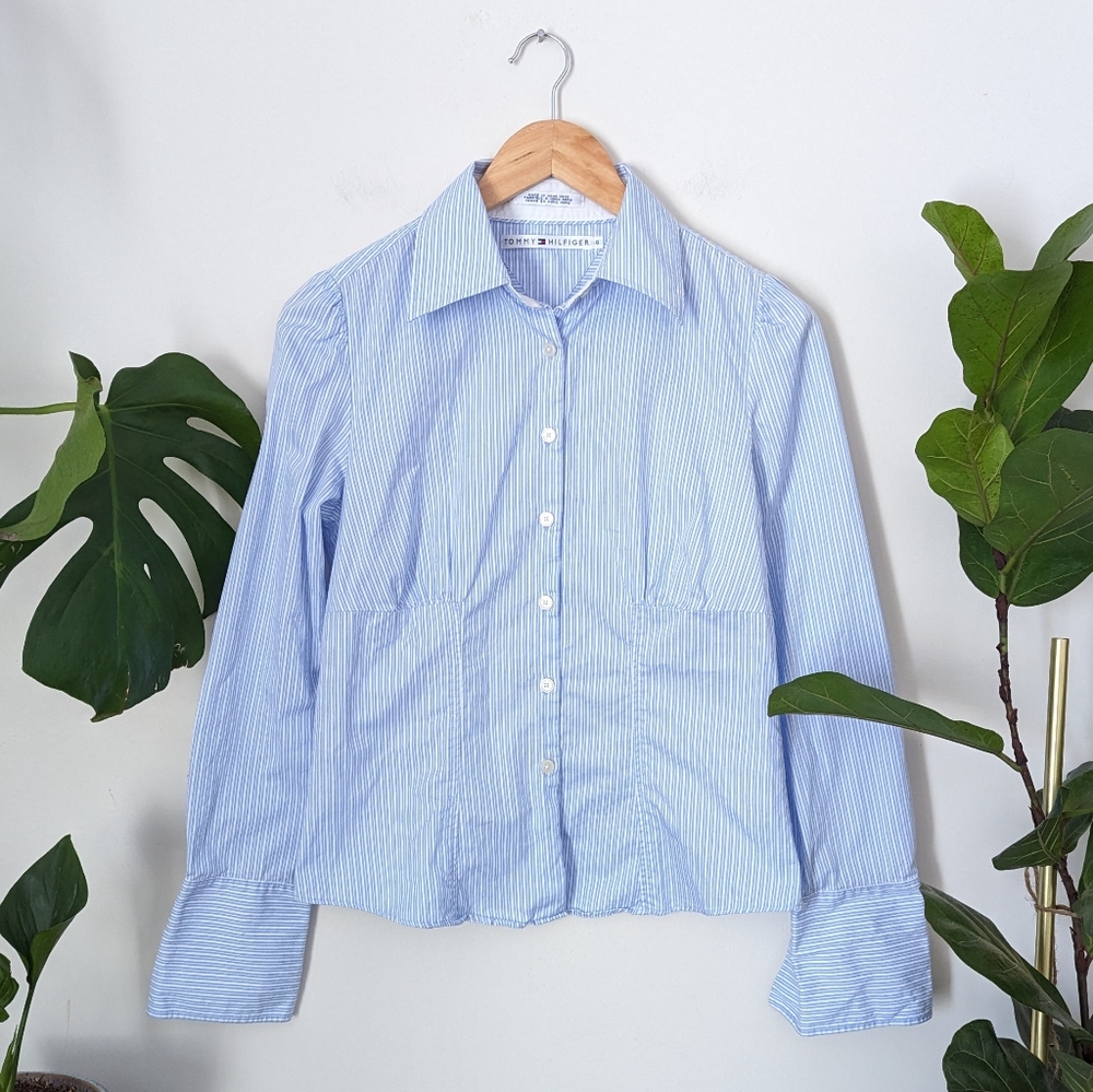 Tommy Hilfiger | Pin-Striped Fitted Button Down Blouse Blue + White
